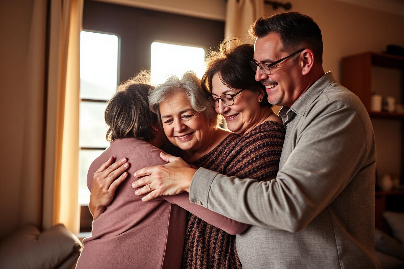 A South African family embracing in a warm home